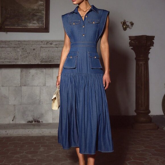 Navy Blue Elegant Women's Sleeveless Dress - Picture 4 of 6